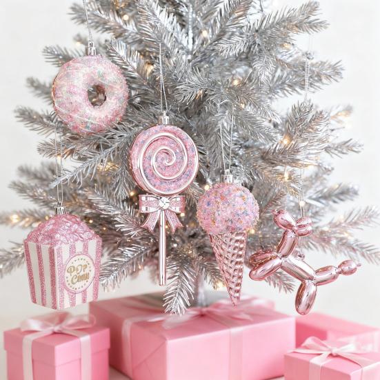 Vánoční ozdoba Třpytivá růžová série Tvar zmrzliny a koblihy Závěsný přívěsek Venkovský vánoční dekor