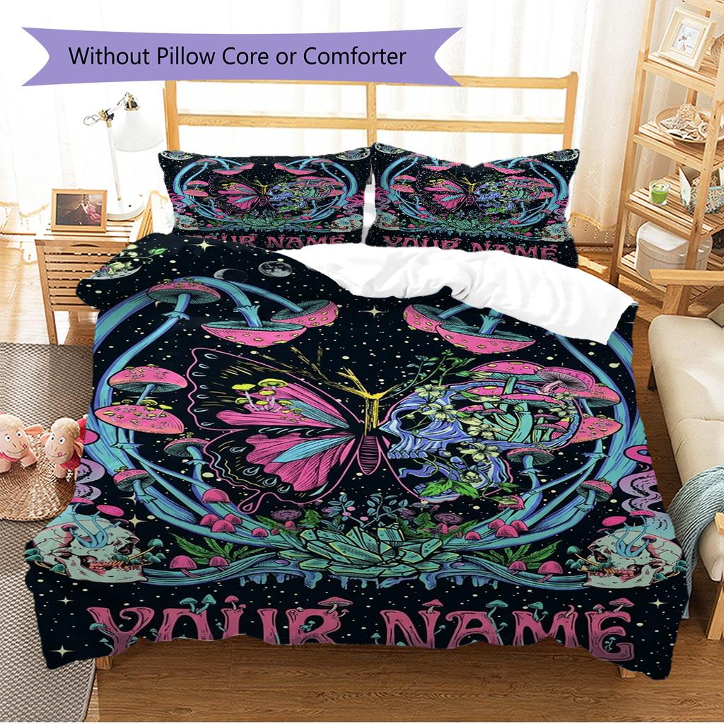 Name Custom Skull and Butterfly Pattern Bedding Set Quilt Cover Pillowcase Home Decor Gift (1 * duvet cover + 2 * pillowcase, without core)