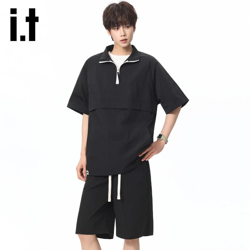 Izzueit Men's Half-Zip Quick-Dry Ice Silk T-Shirt & Shorts Set