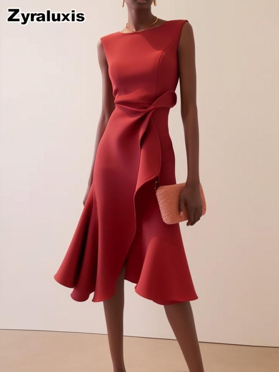 Women s Sleeveless Red Evening Gown Dress with Round Neck XS