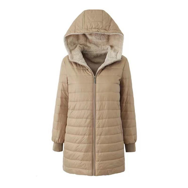 Womens Warm Hooded Mid-Length Cotton Padded Coat With Fleece Lining Streetwear Casual Outerwear