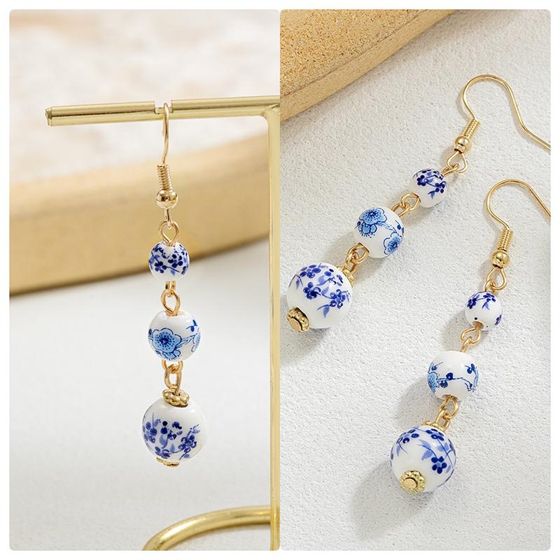 Blue White Porcelain Bead Earrings Round Chinese Style Retro for Women Han Fu Long Earring Pendant Niche Fashion Trend Accessory