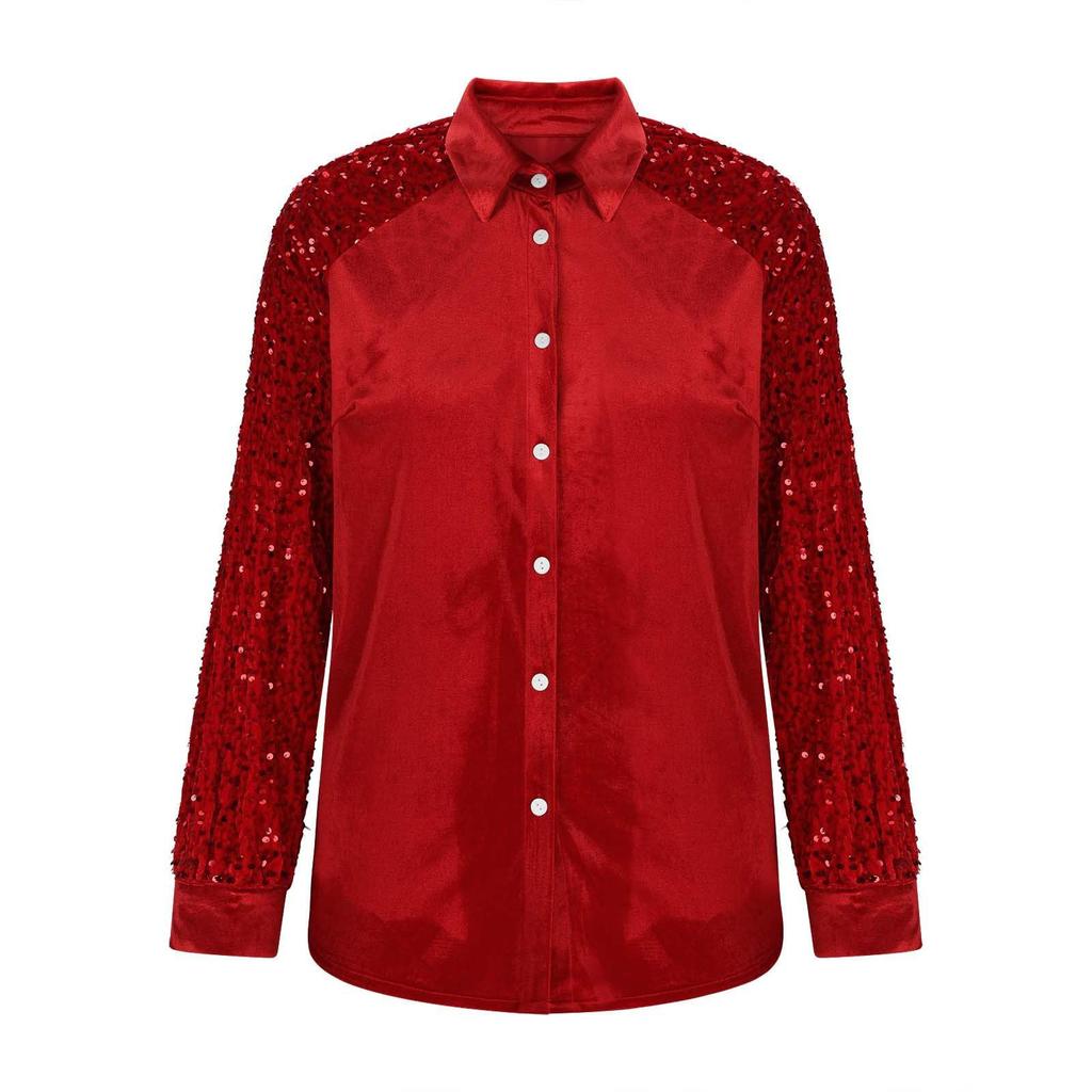 Haut chemise ample à manches longues en velours avec empiècements à paillettes pour femme - Automne