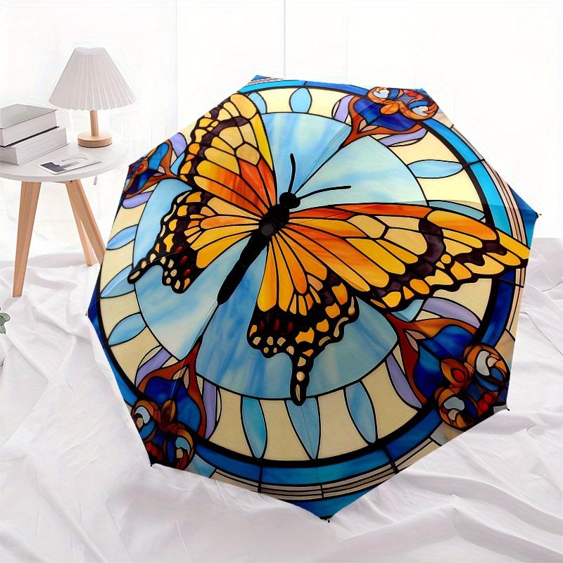 Stunning Stained Butterfly Window PanelUmbrella, Portable 3-Fold Compact Umbrella,Christmas Gift ES529