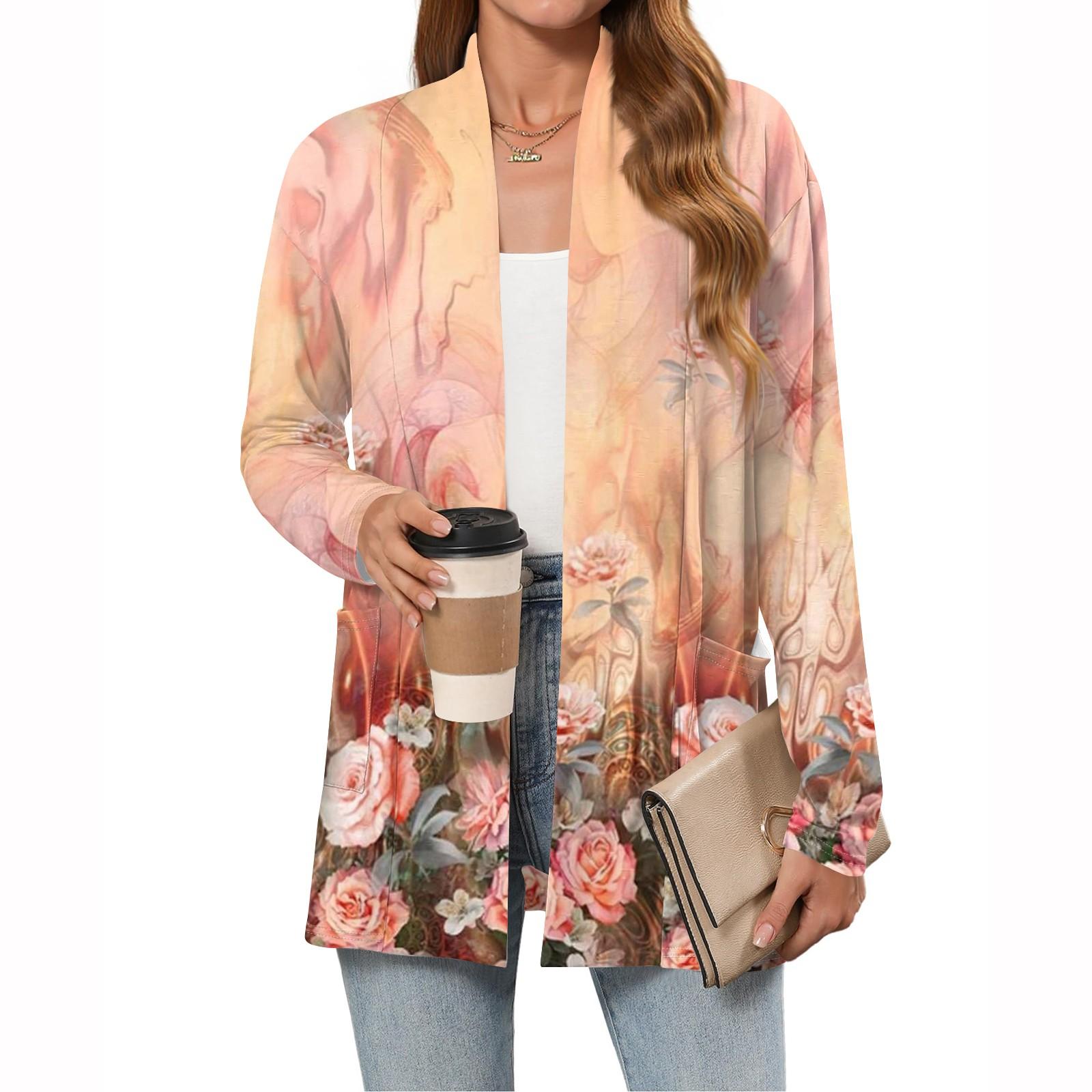 

Женские легкие кардиганы с открытой передней частью, с длинными рукавами, повседневные, свободные, тонкие кардиганы с карманами XL золотой