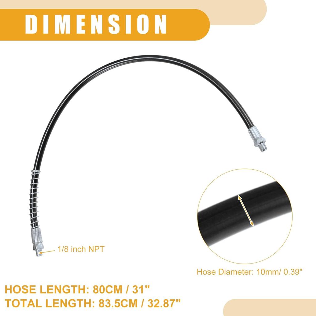 1Pc 31 Inch Universal 1/8" NPT Grease Gun Flex Hose - Trailer Flex Grease Hose Extension Non-Slip - Metal Black