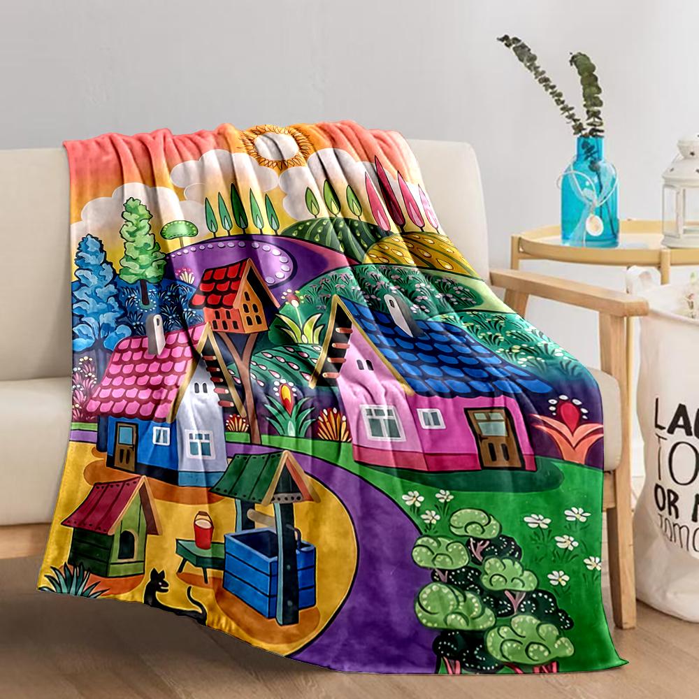 Colorful Fairy Tale Village Landscape Printed Blanket Blanket Decor Blanket, Suitable for Use In the Bedroom, Living Room, On the Sofa