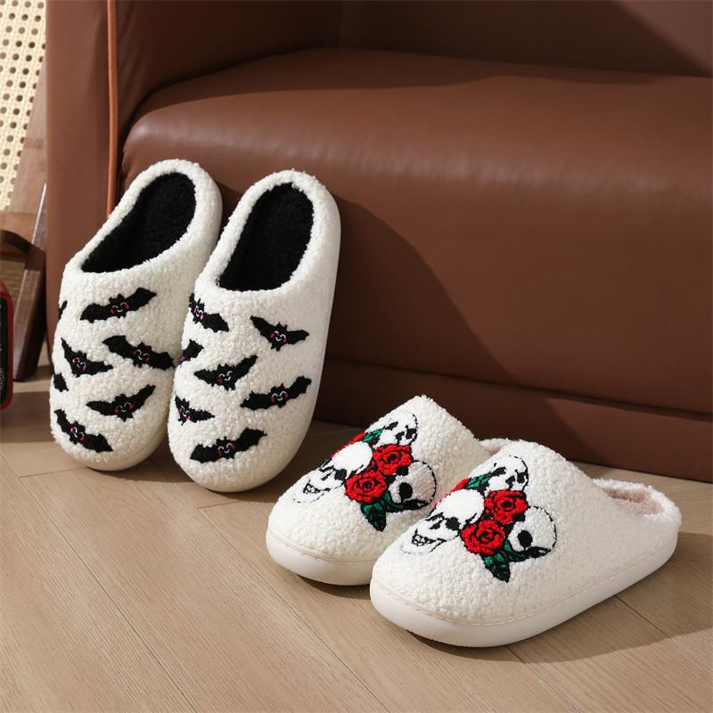 New Winter Halloween Cotton Slippers Household Indoor Warm Bat Rose Skull Slippers