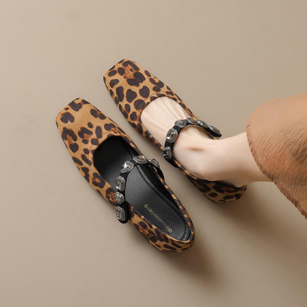 Mode Strass Schnallengürtel Pumps Damen Leopard niedriger Absatz Schuhe eckige Zehenpartie Retro Kristall Tacones große Größe Leopard Escarpins Damen