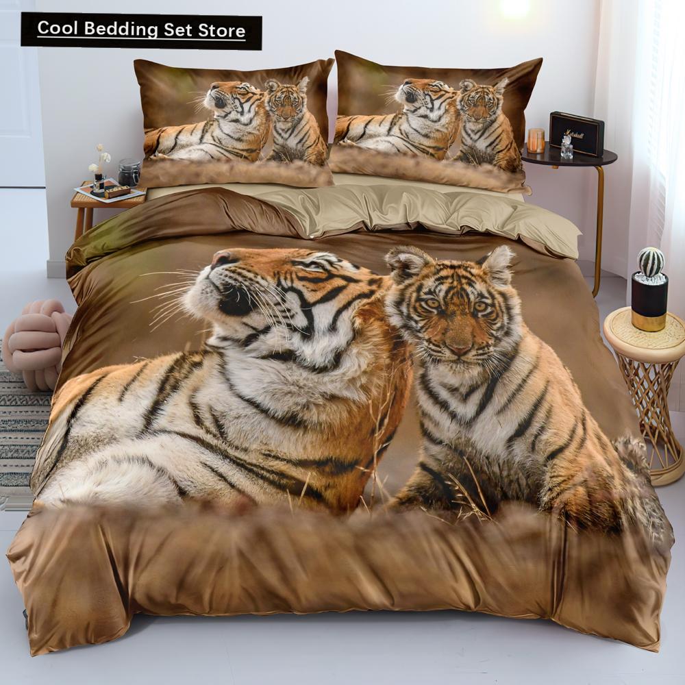 Comforter 3D Tiger Bedding Set King Queen Full Twin Size Brown Animal Jungle Wildlife Comforter Polyester