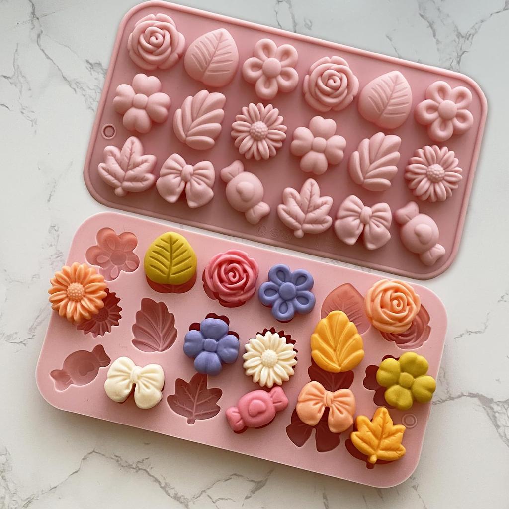 1-4PC 18-Cavity Flower Candy Silicone Mold Set Daisy Rose Leaf Bows Baking Mold For Cookies Chocolates Fondant Cake Flower Mold