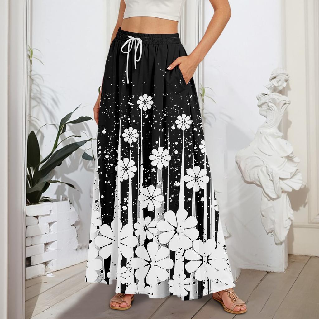 Women's Flowy Flared Ruffle Hem A Line Maxi Skirts Elastic Waist Elegant Tiered Layer Boho Long Skirts