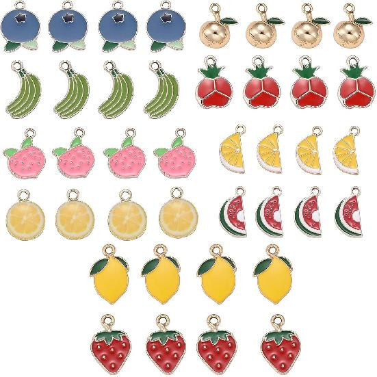 FASHEWELRY 40Pcs Alloy Fruit Theme Enamel Charms 10 Styles Cute Orange Peach Blueberry Strawberry Dangle Pendants Light Gold Plated for Jewelry