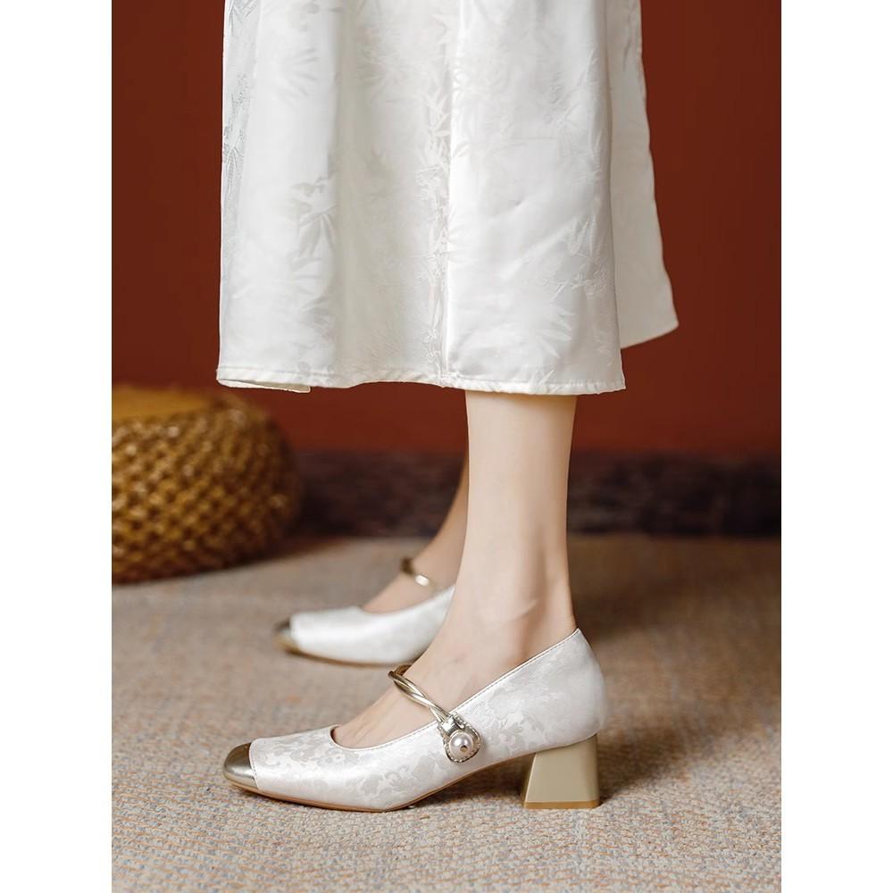 Retro cheongsam shoes new thick heel color matching Mary Jane high heels single shoes women