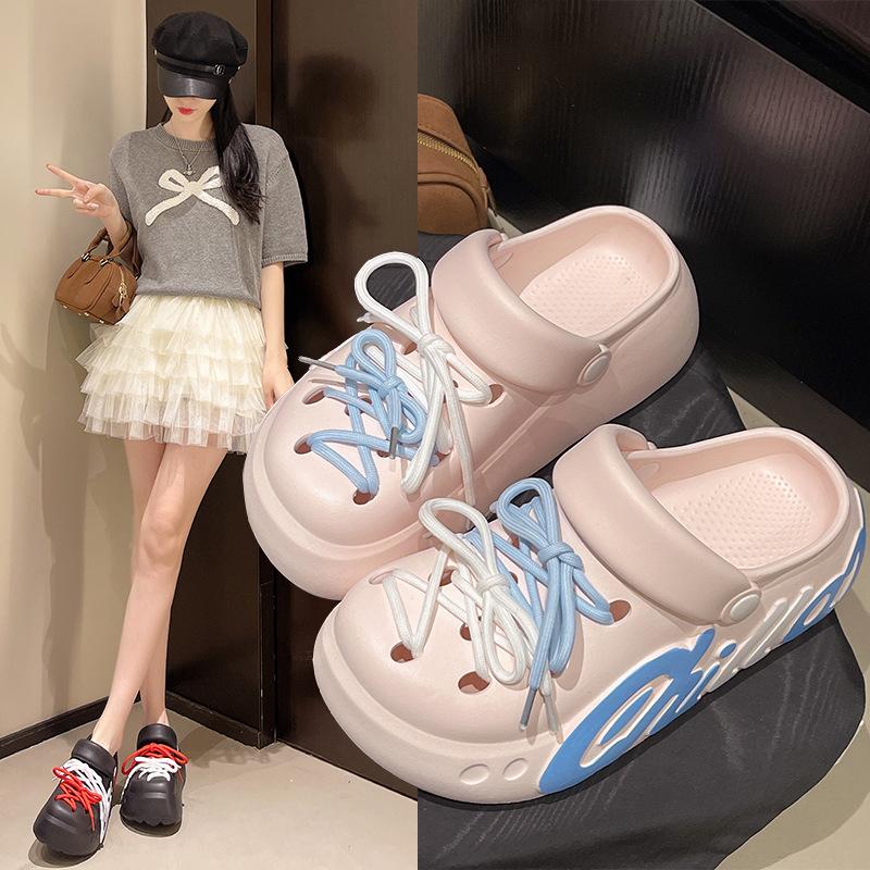 Cartoon letter hole slippers women's summer wear spring 2025 new seaside thick-bottomed cool slippers
