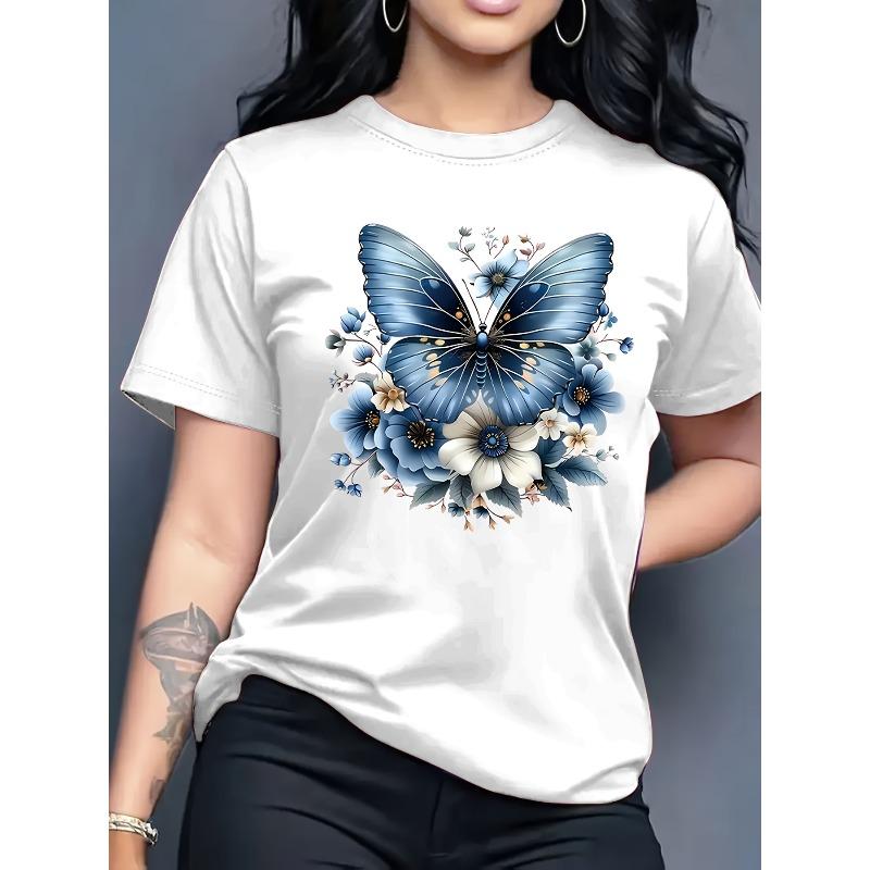 European Size Womens Floral Butterfly Print T Shirt Vibrant Green White Blue Flower Crew Neck Short Sleeve Glossy Texture Casual Spring Summer Wear