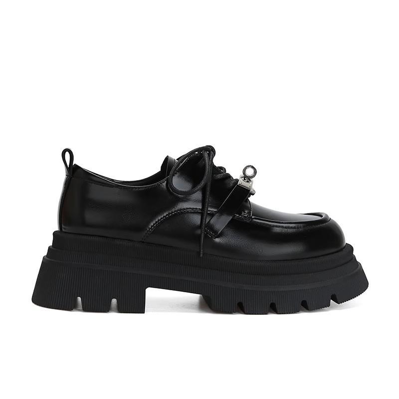 Retro lace-up round head jk black wind small leather shoes women's single shoes new women's shoes thick sole