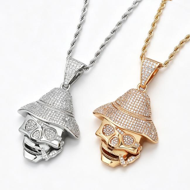 Lebi Pirate Skull Full Diamond Copper Set Zircon Pendant Twist Chain Hip Hop Men'S Necklace