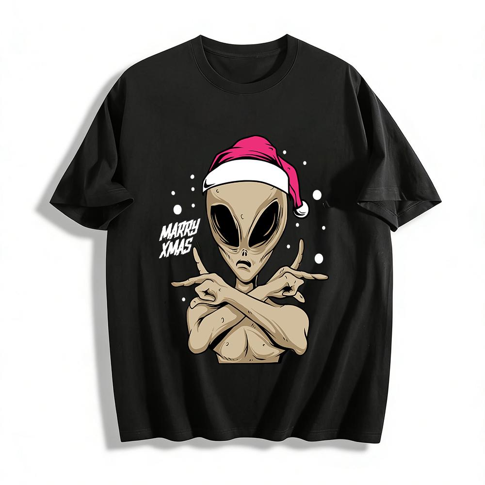 Christmas Alien Crossed Hands Graphic Casual Top Pure cotton T-shirt XXS