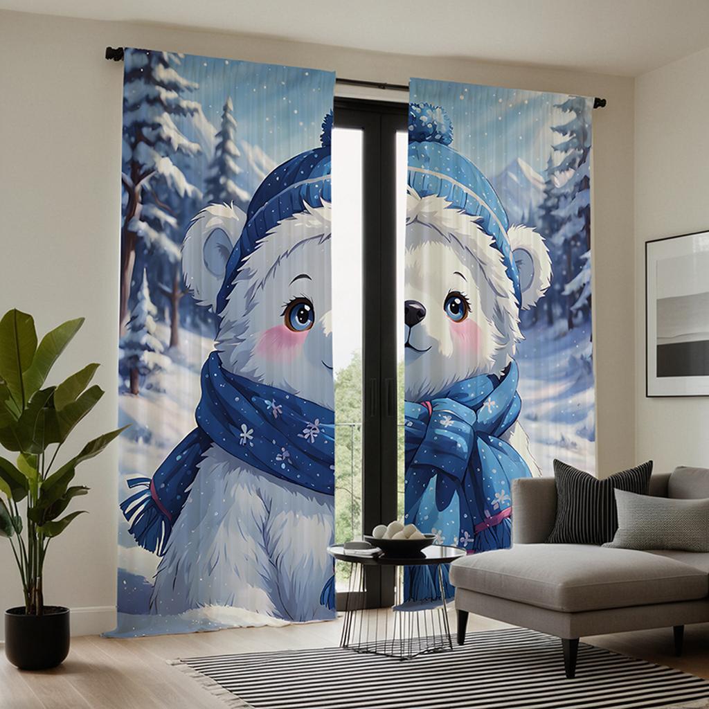 2pcs set HD cute winter bear decorative curtain Blue tie digital printed curtain Home decoration style decoration living room