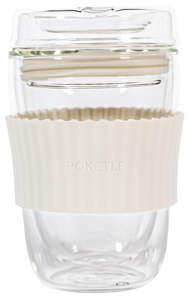 POKETLE Glass Tumbler with Lid, 220ml, Double-Walled, Heat-Resistant, Dishwasher-Safe, BPA-Free, Vidro 220, Ivory
