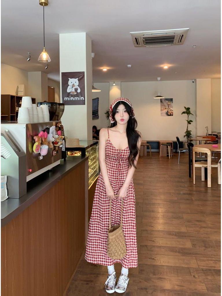 Red Plaid Women's Backless Strappy Dress - French Pastoral Style, Slim Waist, Long Skirt