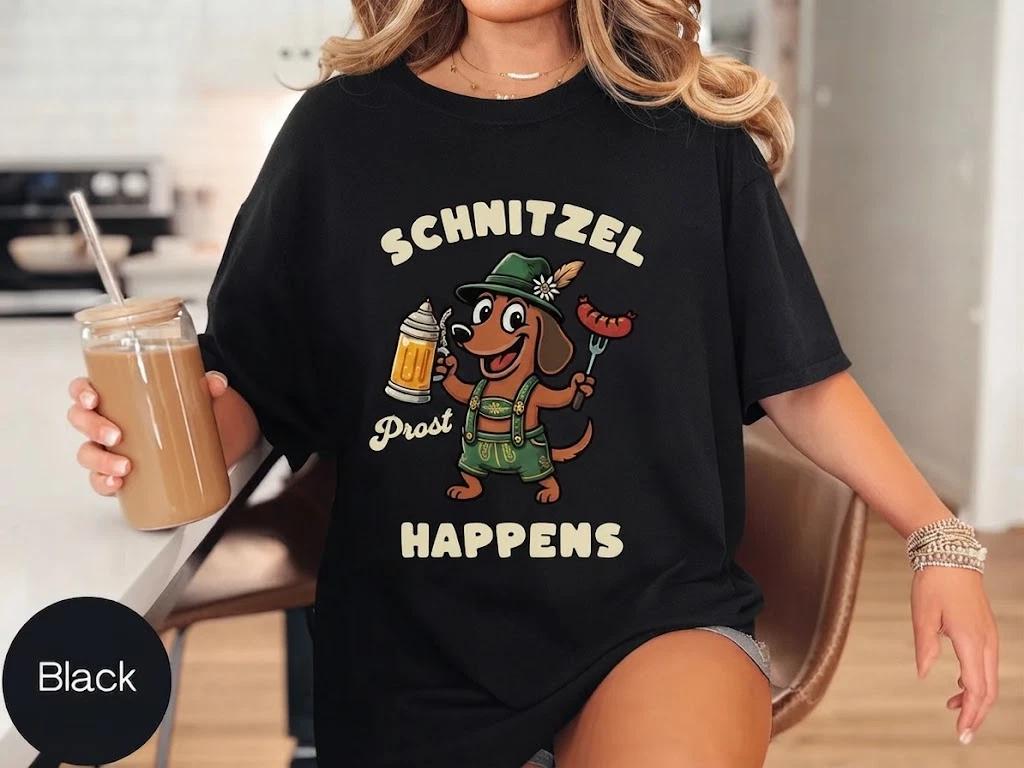 Funny Dachshund Schnitzel Happens Dog Lover Black T Shirt, Gift For Friends S