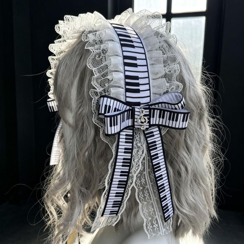 Fashion Lolitas Headbands Soft Durability Lolitas Lace Bows Hair Band With Music Notes for Costume Event