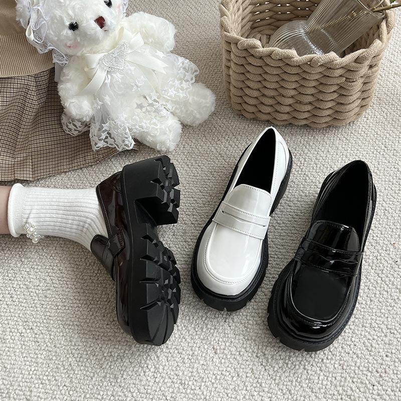 Patent leather British lace-up jk small leather shoes women's round head versatile platform soles students with skirts two wear loafers