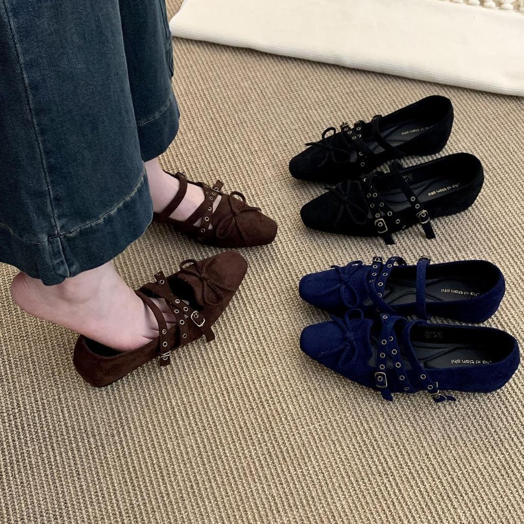 Inner Heightening Retro Single Shoes Square Head Bow Ballet Shoes Women's Shoes 2025 Spring and Autumn Mary Jane Evening Shoes