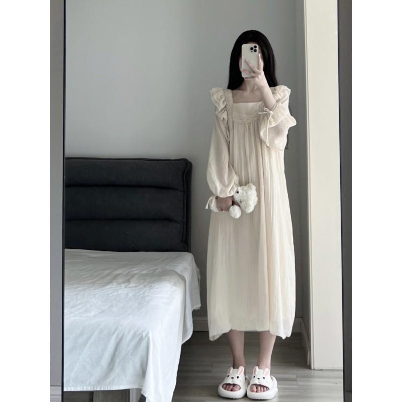 Krajková noční košile Noční prádlo Ženy Korejské volánky Noční šaty Jarní Jednodílné Pyžamo Dlouhý rukáv Čtvercový límec Domácí oblečení