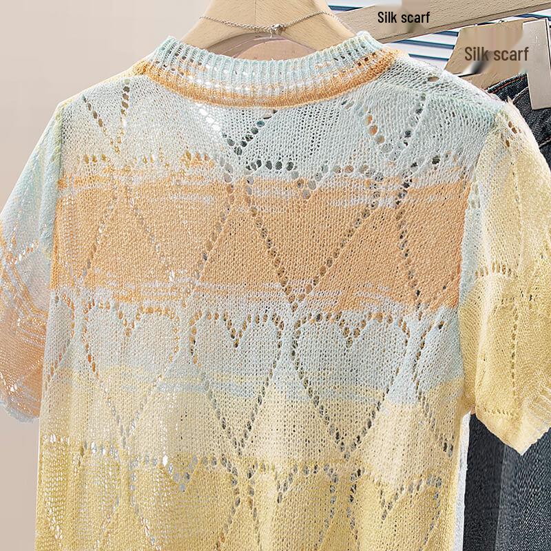 Women's 2025 Summer Gradient Hollow Out Short Sleeve Knit Top