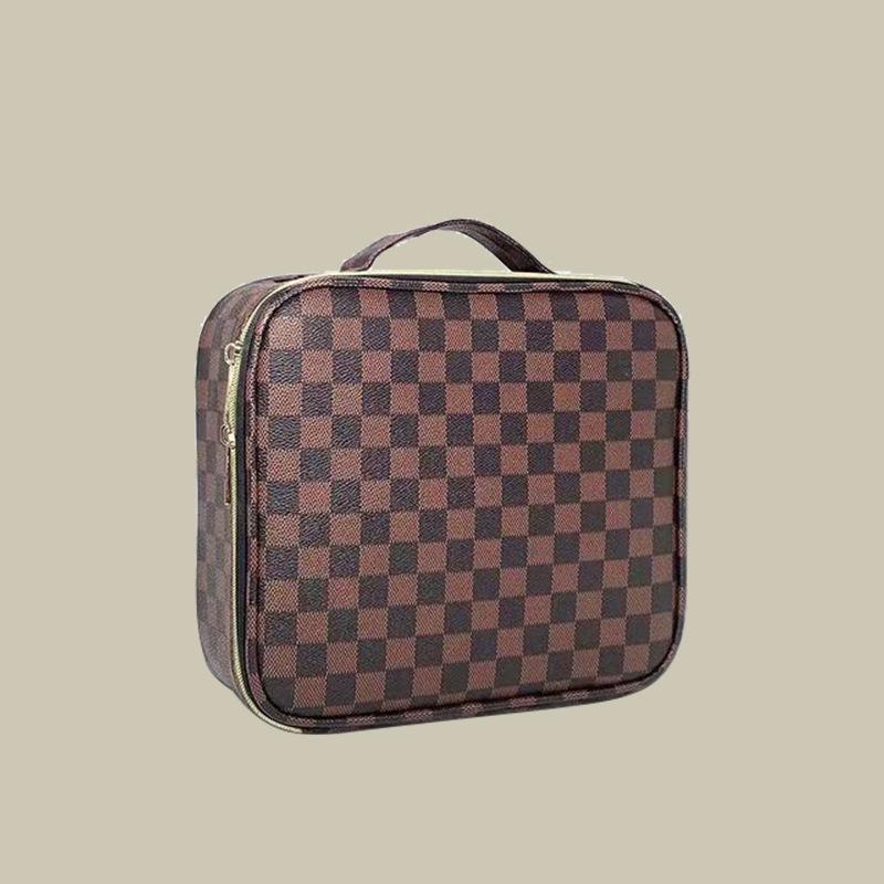 Plaid Monogram Large Capacity Makeup Bag - Convenient Handheld Storage