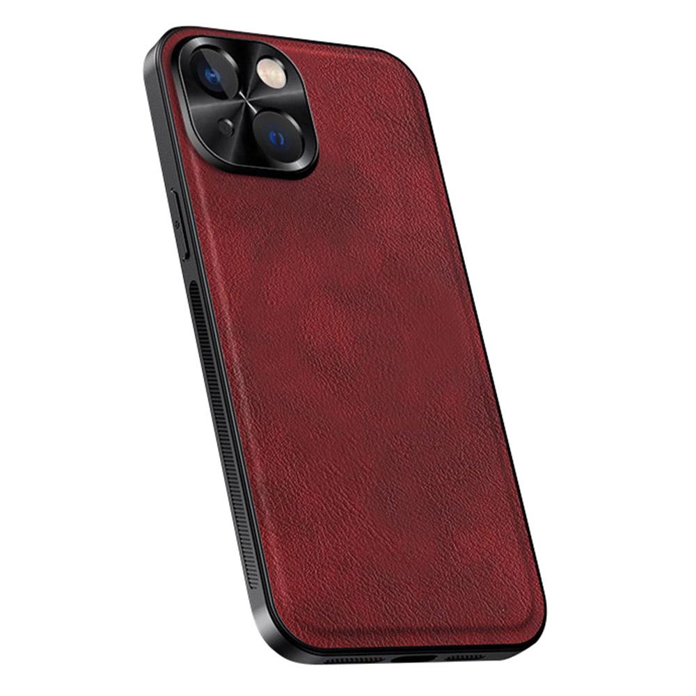 

For iPhone 15 Case PU+TPU+PC Phone Back Cover with Metal Lens Frame Wine Red