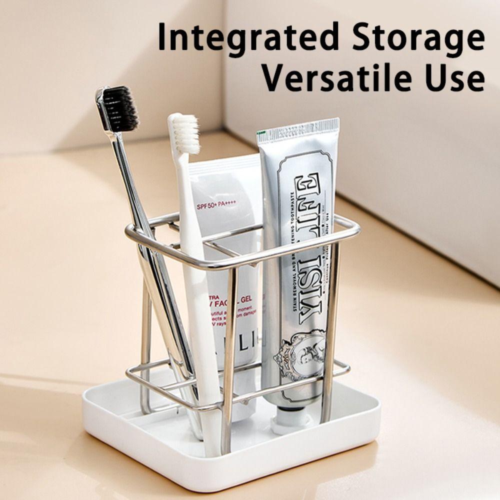 Simple Stainless Steel Toothbrush Holder with Tray Multi-functional Washbasin Storage Rack Drainage Storage Box Home
