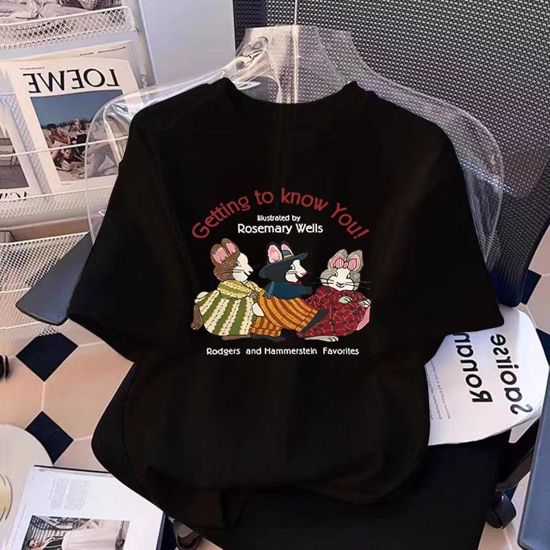 Cotton Short-sleeved T-shirt Women's Thin Summer Korean Version Trendy Loose Front Shoulder Round Neck Half-sleeved Women's T-shirt Top Versatile