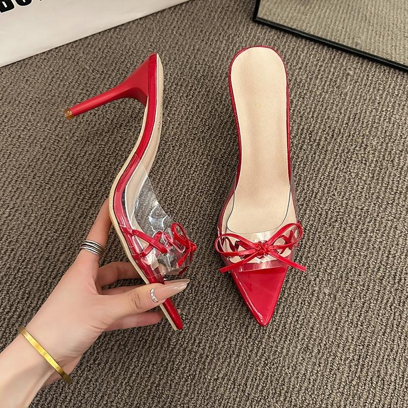 Temperament Heel Shoes Women Pointed Open Toe Chemical Fiber Transparent Ribbon Butterfly Knot Non-slip Slippers