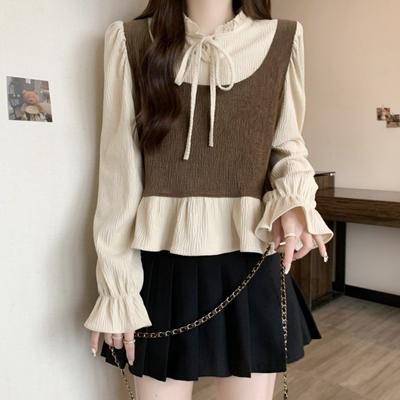 Large Size Women's Spring Lace Up Fake Two-piece Patchwork Shirt Long Sleeved Top