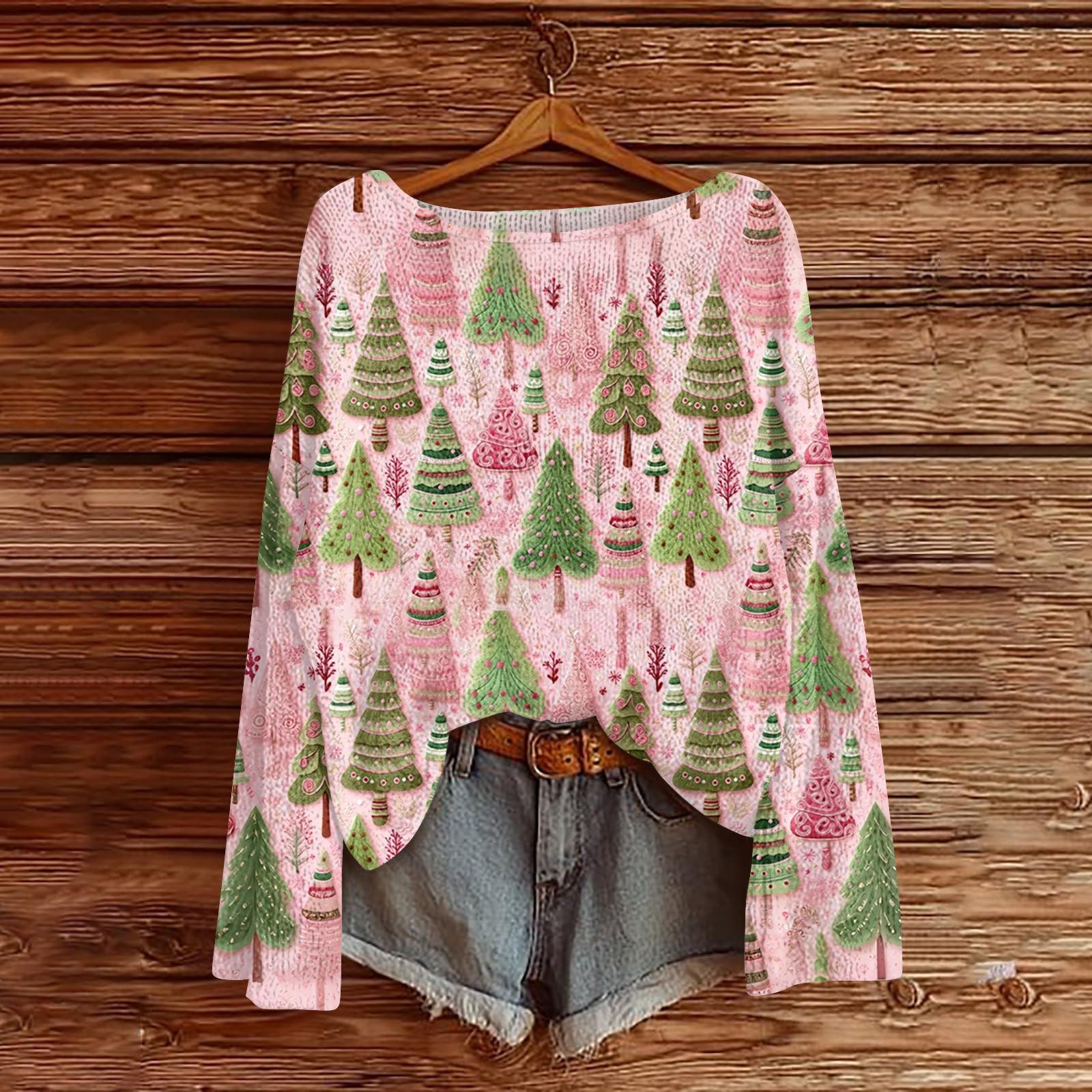 

Женский модный повседневный трикотажный свитер с длинным рукавом и рождественским принтом, круглый вырез XL розовый