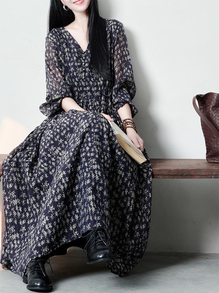 Французское Цветочное Шифоновое Платье с V-образным вырезом, Приталенное, с Длинными Рукавами. One Size темно-синий