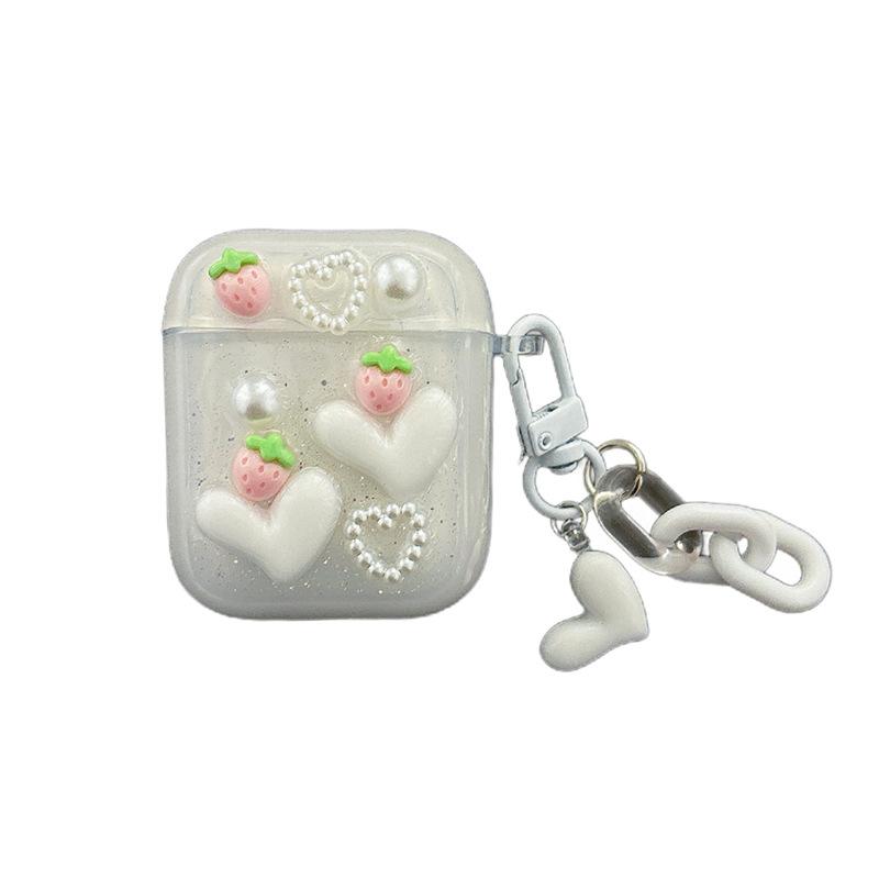 Love Strawberry Pearl Apple Bluetooth Headset Cover For Airpods 4 Glitter Pendant Airpods Pro Women
