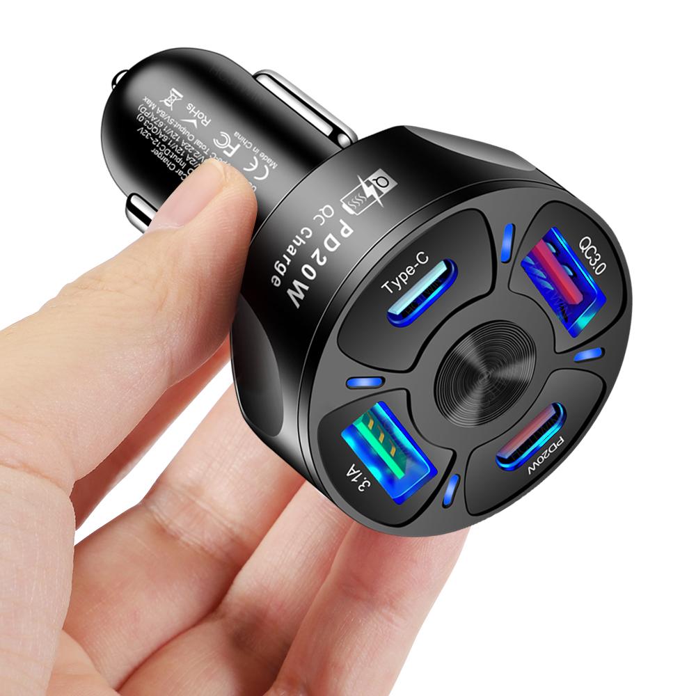 4 Ports Fast Charge Cigarette Lighter USB Charger PD20W+Type-C+2USB(QC3.0+3.1A) Car Phone Charger for Mobile And Other Devices