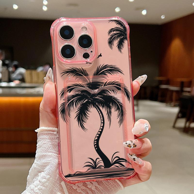 Husă Transparentă cu Model Palmier de Cocos cu Slot pentru Card pentru iPhone 16 Pro Max 16E 15 Pro 14 13 12 11 Subțire Antishock Silicon Moale Husă Telefon