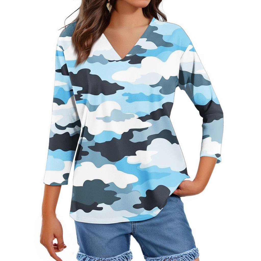 Women's Tops Three-quarter Sleeve Shirt V-neck Loose Casual Shirt Textured Printed T-shirt
