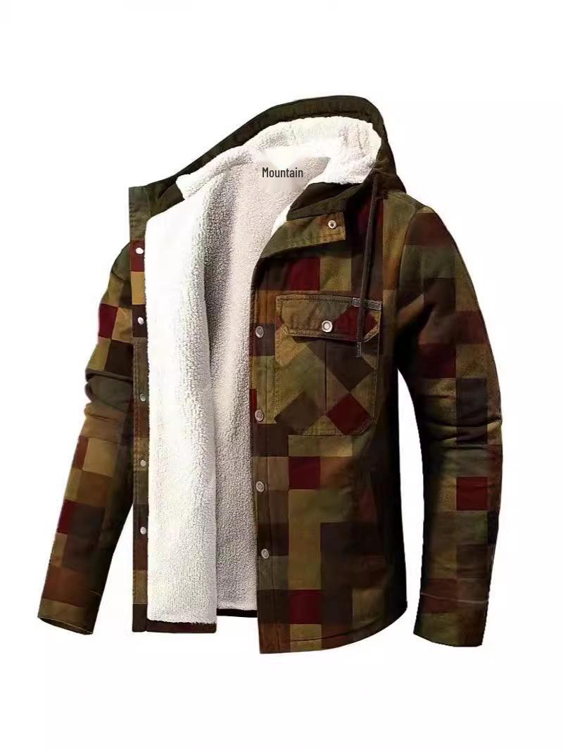 2026 Thickened Plaid Cotton Jacket: Men s European & American Style, Versatile, Loose Fit, Long Sleeve, Hooded - Autumn/Winter Collection S коричневый