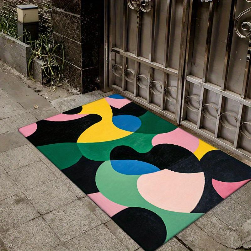 Flannel Thickness 0.47inch - 1pc Abstract Geometric Patchwork Pattern Door Mat, Colorful Irregular Shapes and Lines with Modern
