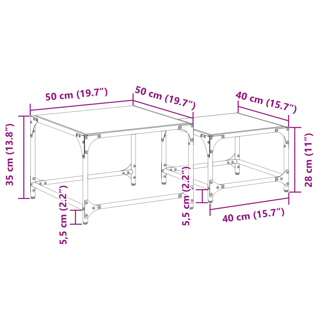  Coffee Tables That Slide Under Each Other, 2 Pcs., Glass Top and Steel
