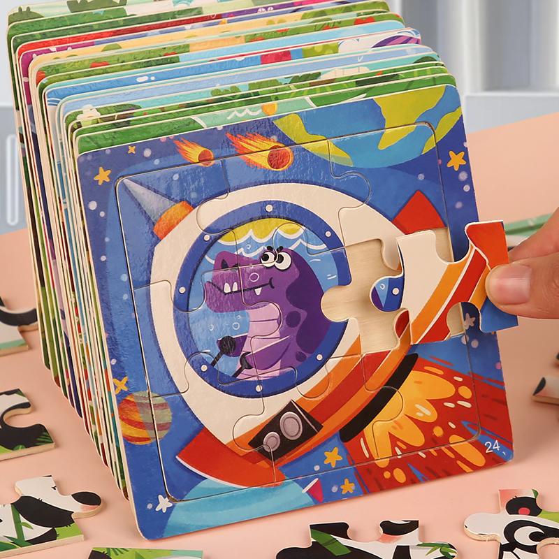 9-teilige Holzpuzzles Kinder Zufälliges Muster Cartoon Tier Montessori Puzzlespiele Baby Lernspielzeug für Kinder