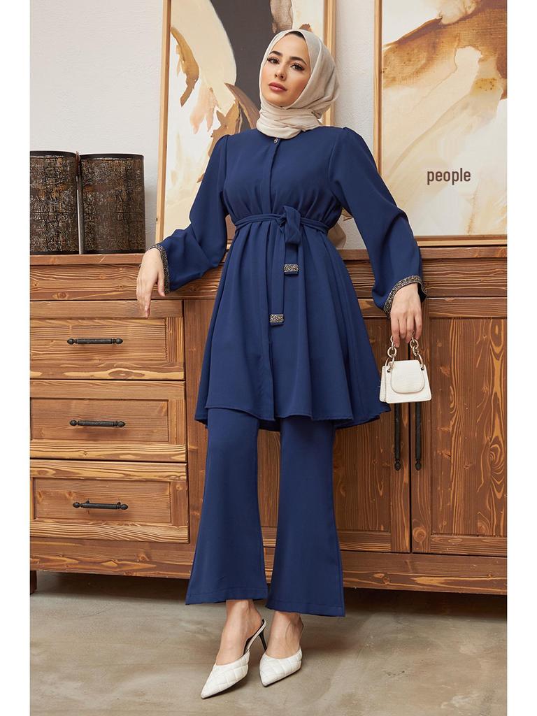 Muslim Women's Fashion 2-Piece Set: Hot Drilling Loose Top & Flared Pants