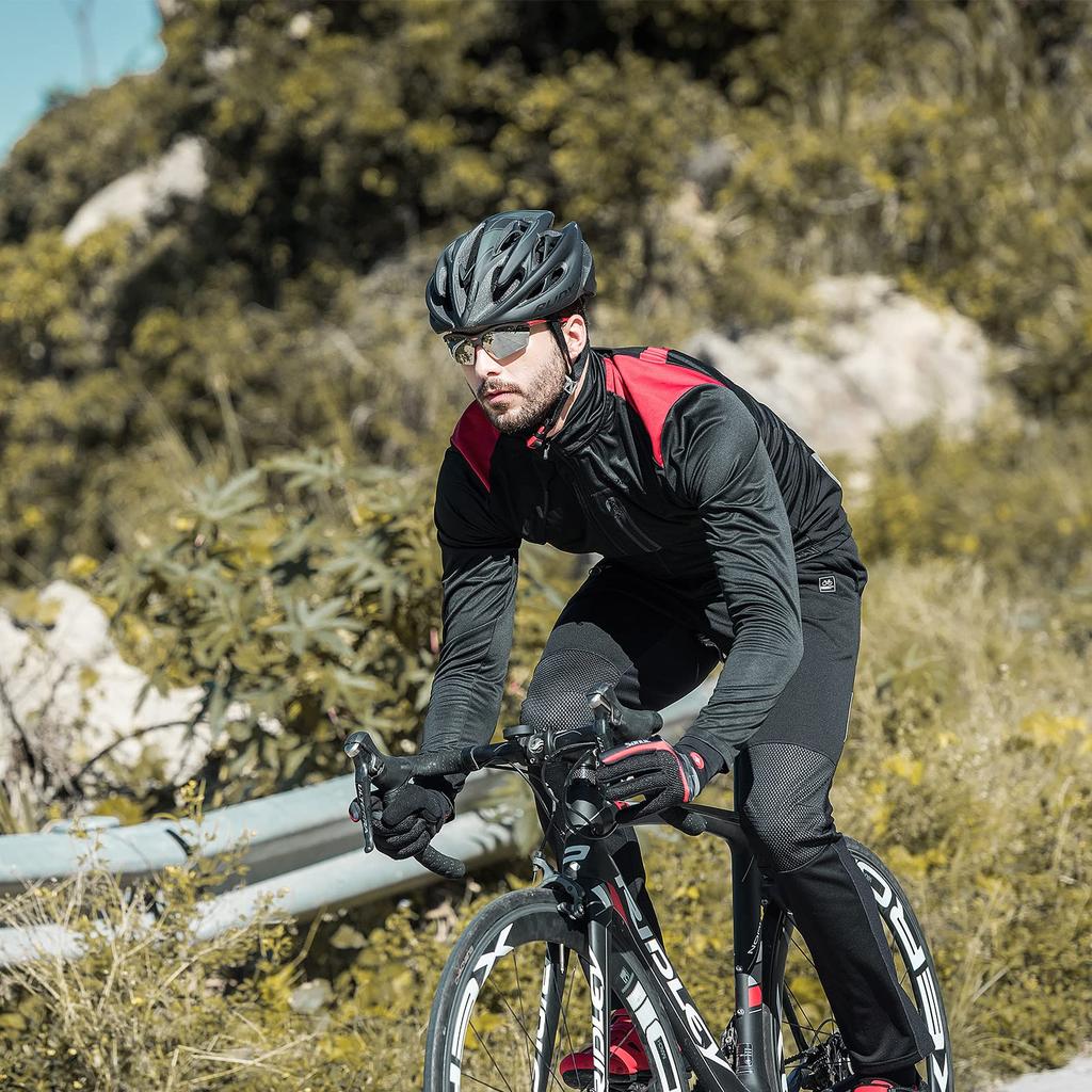 Santic Men's Long Sleeve Cycling Jersey, Windbreaker Jacket, Windproof and Cold-Resistant for Fall and Winter, Black/Red, Size L
